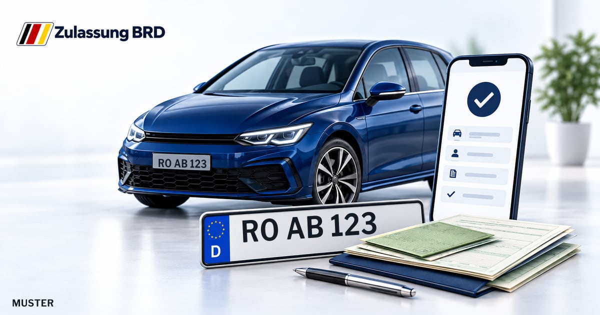 Online Fahrzeugzulassung in Landkreis Rosenheim: Musterkennzeichen RO AB 123, Auto und Fahrzeugpapiere und Smartphone. Illustration mit Logo von Zulassung BRD.